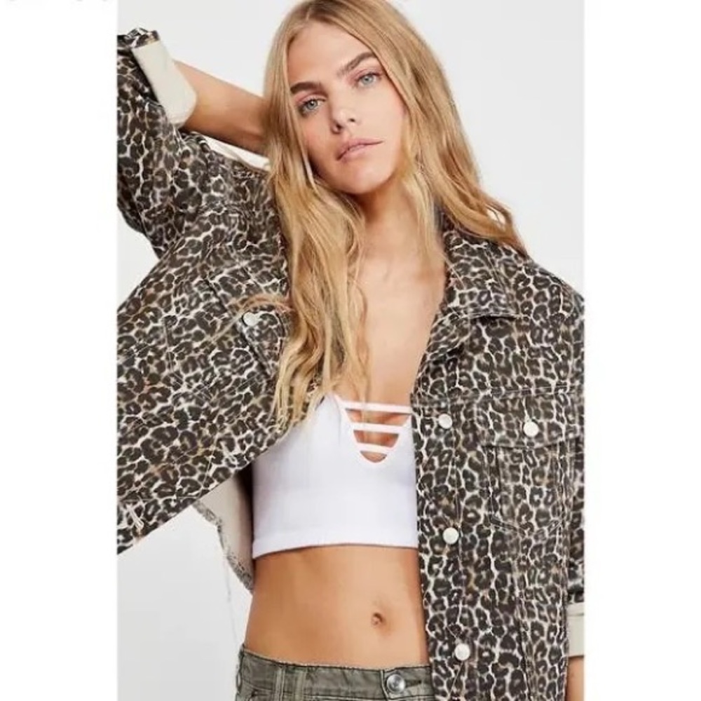 Free People cropped denim leopard jacket M L XL - Picture 8 of 16